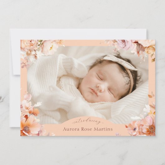 Perzik  Bloemen Herfst Twee Foto Geboorte Aankondiging (Voorkant)