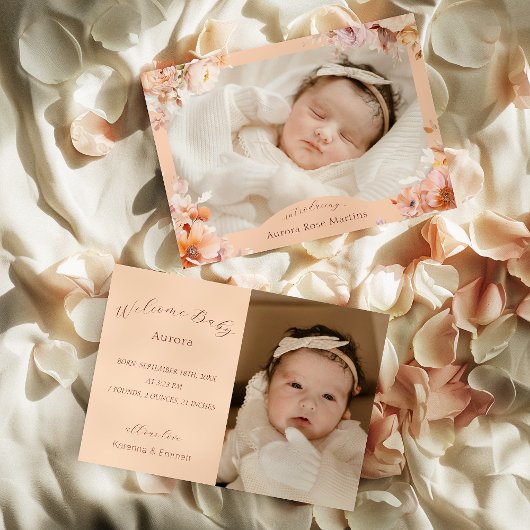 Perzik  Bloemen Herfst Twee Foto Geboorte Aankondiging