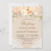 Perzik Bloemen Kant Bruiloft uitnodiging (Voorkant)