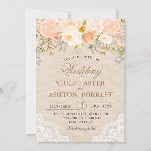 Perzik Bloemen Kant Bruiloft uitnodiging (Voorkant)