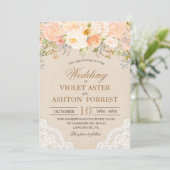 Perzik Bloemen Kant Bruiloft uitnodiging (Staand voorkant)