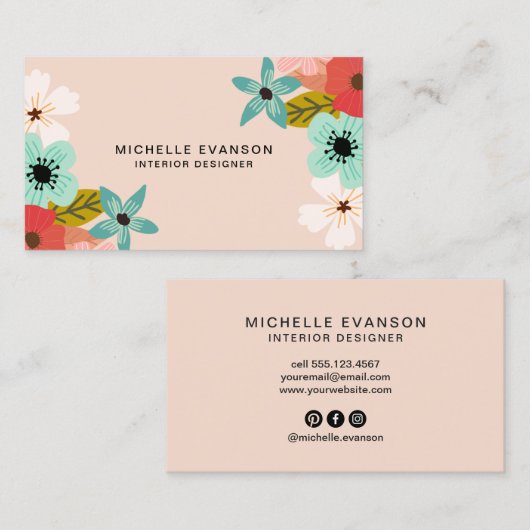 Perzik Bloemen Kleurrijke bloemen Elegant Visitekaartje (Voorkant / Achterkant)