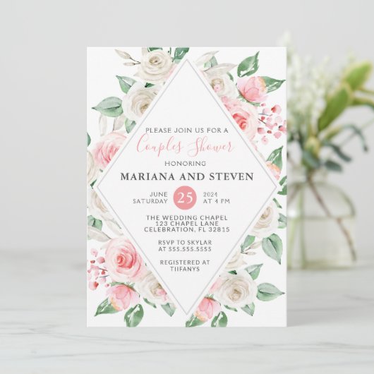 Perzik Bloemen Koppels Bruiloft Douche Kaart (Staand voorkant)