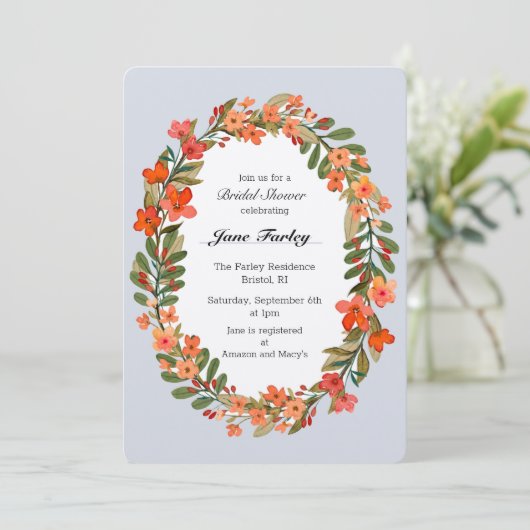 Perzik Bloemen Krans Bruids Douche Uitnodiging (Staand voorkant)