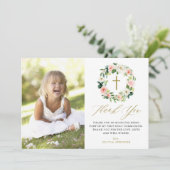 Perzik Bloemen Krans Foto Eerste Heilige Communie Bedankkaart (Staand voorkant)