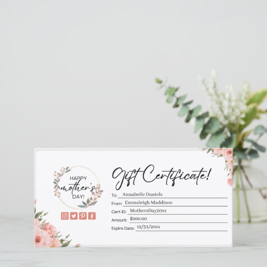 Perzik Bloemen Moederdag Cadeaubon (Staand voorkant)