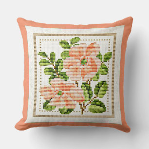 Perzik Bloemen Needlepoint Look Land  Kussen