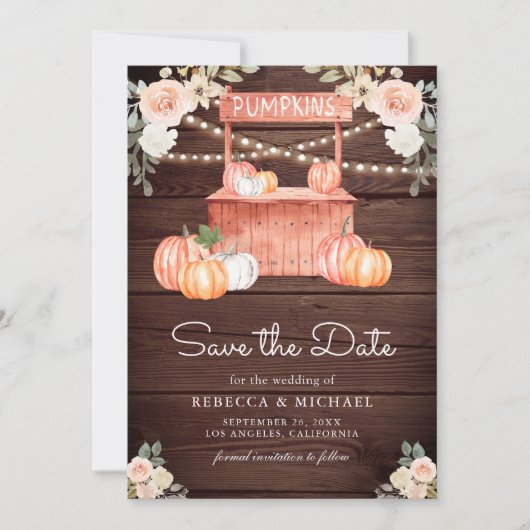 Perzik Bloemen Pompoen Markt Foto Hout Wedding Save The Date (Voorkant)