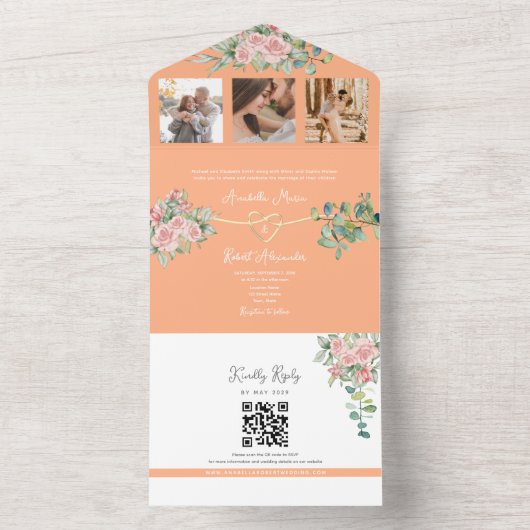 Perzik Bloemen Roos bruiloft All In One Uitnodiging (Binnen)