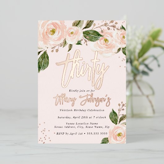  Perzik Bloemen Roos Goud 30e Verjaardag Folie Uitnodiging (Staand Voorkant)