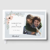 Perzik Bloemen Stoffig Blauw 2 foto's Bruiloft Gastenboek (Voorkant)