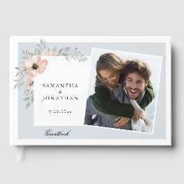 Perzik Bloemen Stoffig Blauw 2 foto's Bruiloft Gastenboek