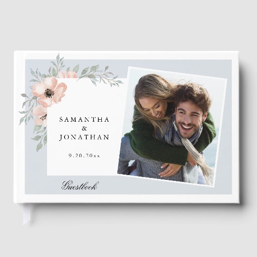 Perzik Bloemen Stoffig Blauw 2 foto's Bruiloft Gastenboek (Voorkant)