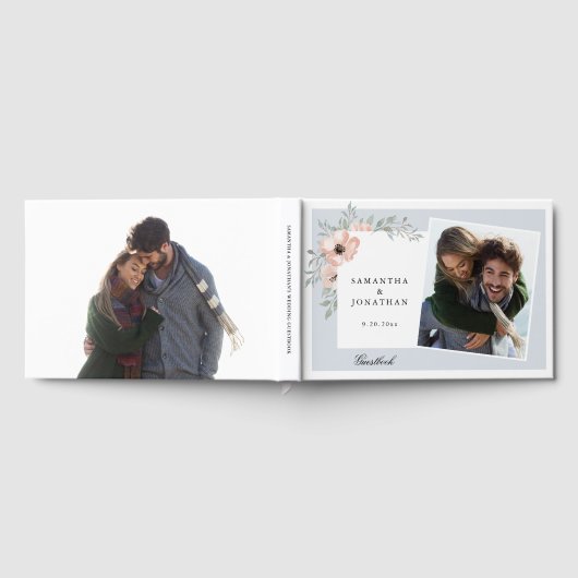 Perzik Bloemen Stoffig Blauw 2 foto's Bruiloft Gastenboek (Volledig)