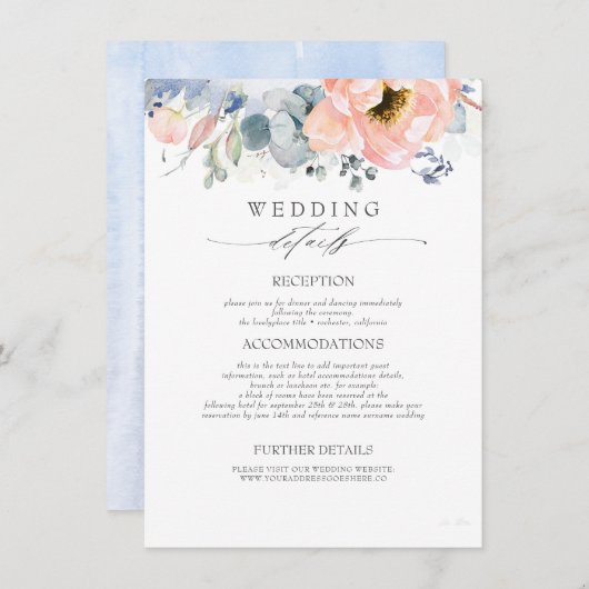 Perzik Bloemen Stoffig Blauw Bruiloft Informatie Informatiekaartje (Voorkant / Achterkant)