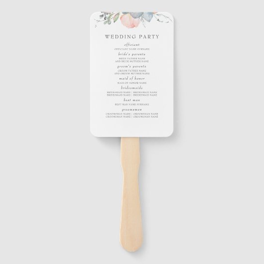 Perzik Bloemen Stoffig Blauw Bruiloft Programma Handwaaier (Achterkant)