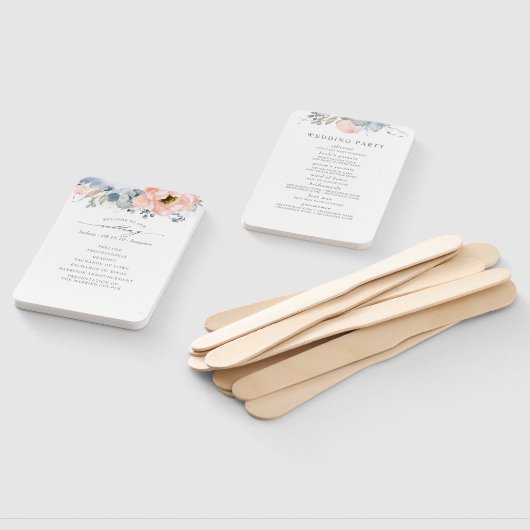 Perzik Bloemen Stoffig Blauw Bruiloft Programma Handwaaier (Niet-gemonteerd)