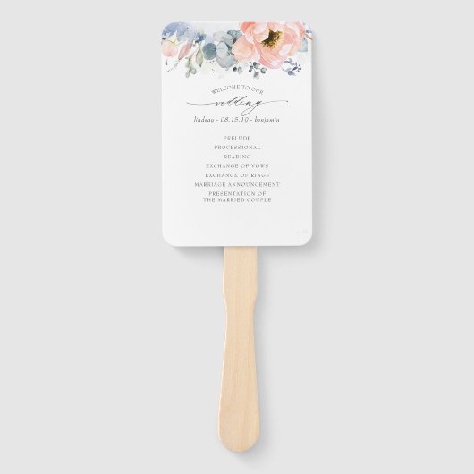 Perzik Bloemen Stoffig Blauw Bruiloft Programma Handwaaier (Voorkant)