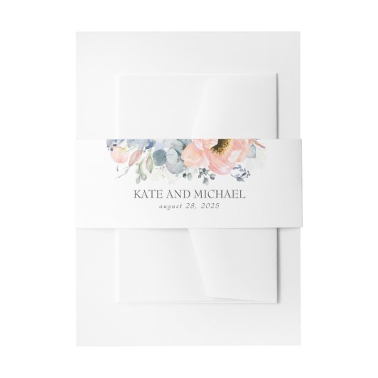 Perzik Bloemen Stoffig Blauw Bruiloft Uitnodigingen Wikkel (Voorkant Voorbeeld)