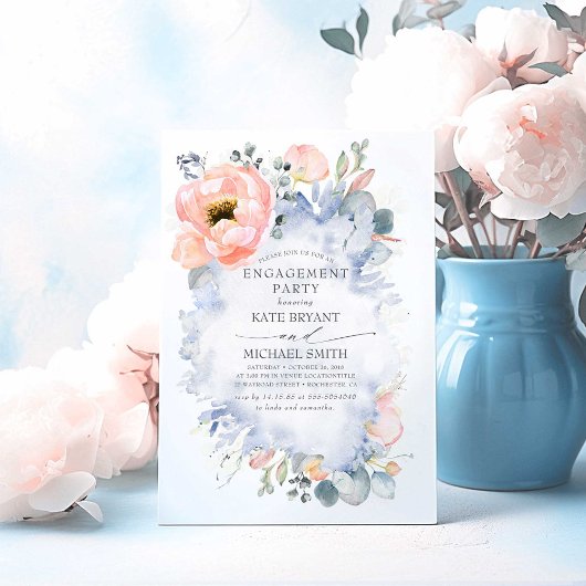 Perzik Bloemen Stoffig Blauw Elegant Verlovingsfee Kaart