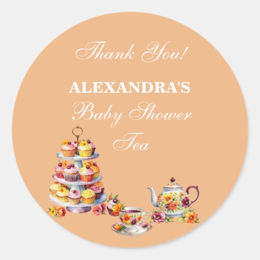 Perzik Bloemen Tea Party Baby shower Favoriet Ronde Sticker (Voorkant)