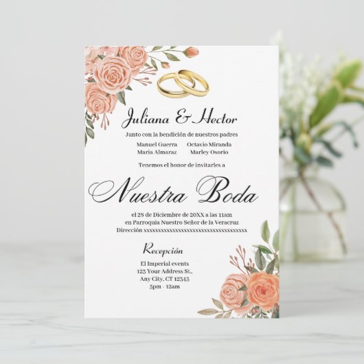 Perzik Bloemen Uitnodiging  (Staand voorkant)