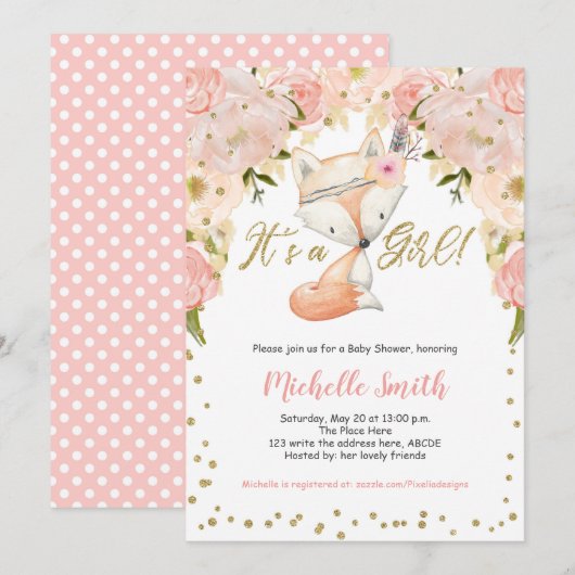 Perzik Bloemen, Vos, Woodland Baby Meisje Douche Kaart (Voorkant / Achterkant)