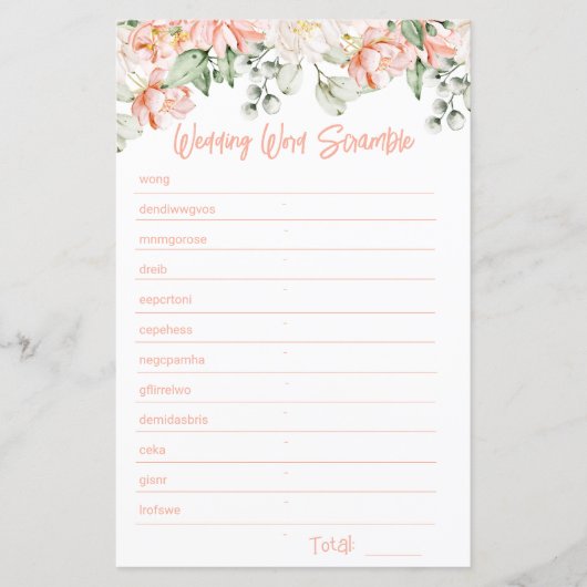 Perzik Bloemen Vrijgezellenfeest Woord Scramble Ga (Voorkant)