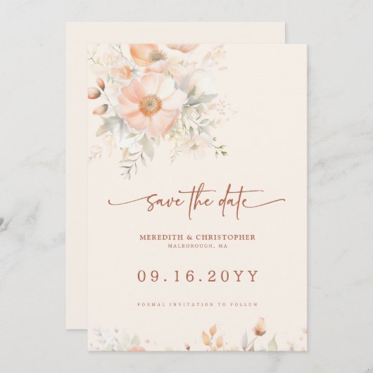 Perzik Bloemen Waterverf Bruiloft Save The Date (Voorkant / Achterkant)