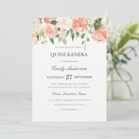 Perzik Bloemen Waterverf Quinceanera Invitation Kaart (Staand voorkant)