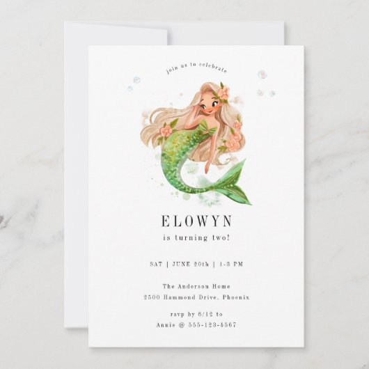 Perzik Bloemen Zeemeermin Verjaardagsfeest Kaart (Voorkant)