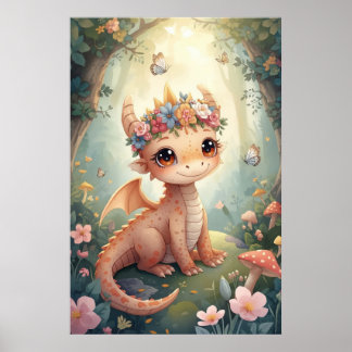 Perzik Bloemenaquarel Baby Draak Slaapkamer Poster