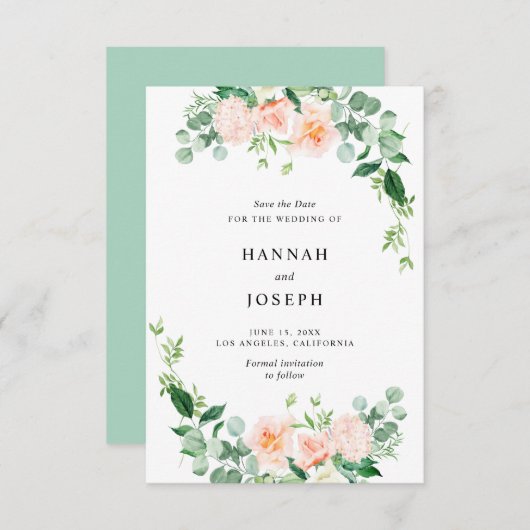 perzik bloemenbewaar de datumkaart save the date (Voorkant / Achterkant)