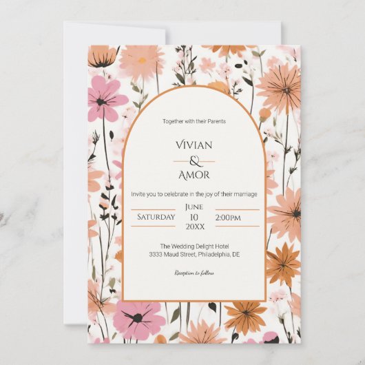 Perzik Bloemenboog bruiloft uitnodiging (Voorkant)