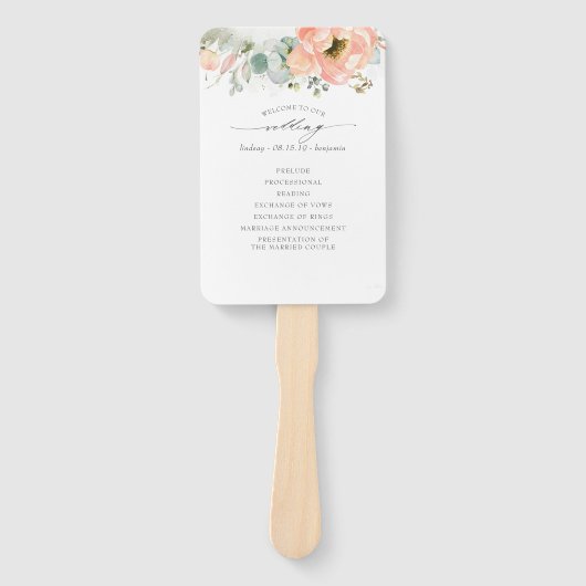 Perzik Bloemenbruiloft Programma Handwaaier (Voorkant)