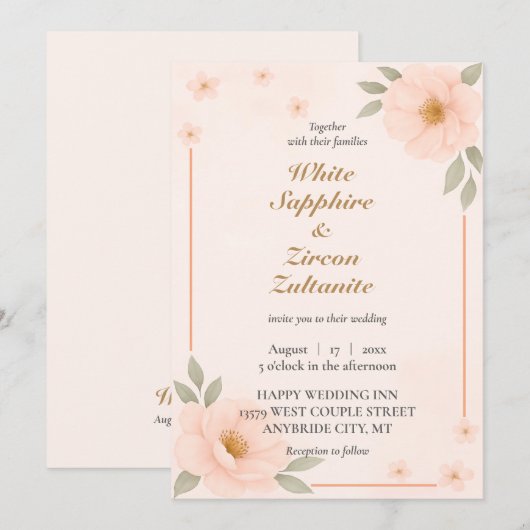 Perzik bloemenelegante bruiloft uitnodiging (Voorkant / Achterkant)