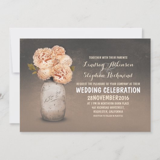 Perzik bloemengeschilderde metselaarpot bruiloft u kaart (Voorkant)