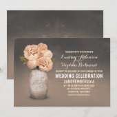 Perzik bloemengeschilderde metselaarpot bruiloft u kaart (Voorkant / Achterkant)