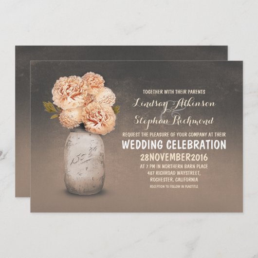 Perzik bloemengeschilderde metselaarpot bruiloft u kaart (Voorkant / Achterkant)