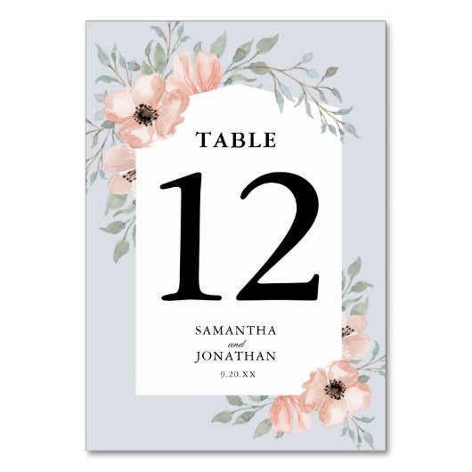 Perzik Bloemengroen Licht Stoffig Blauw Bruiloft Kaart (Voorkant)