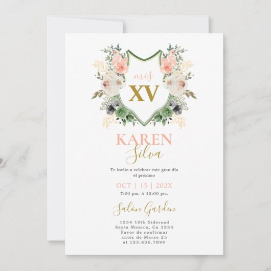 Perzik bloemenkam Quinceanera Uitnodiging (Voorkant)