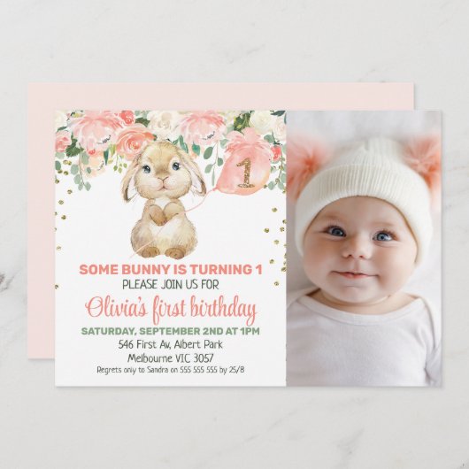 Perzik Bloemenkonijn Foto 1e Verjaardag Uitnodigin Kaart (Voorkant / Achterkant)