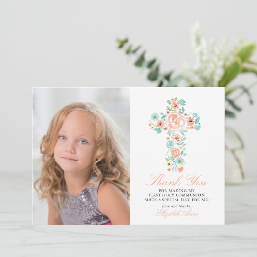 Perzik Bloemenkruis Eerste Heilige Communie Dank u Bedankkaart (Staand voorkant)