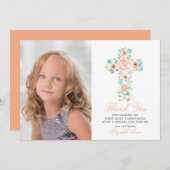 Perzik Bloemenkruis Eerste Heilige Communie Dank u Bedankkaart (Voorkant / Achterkant)