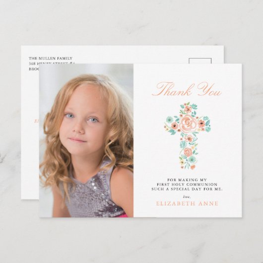 Perzik Bloemenkruis Eerste Heilige Communie Dank u Briefkaart (Voorkant / Achterkant)