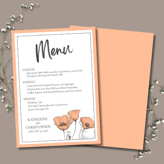 Perzik bloemenpapavers Elegante bruiloft Menu