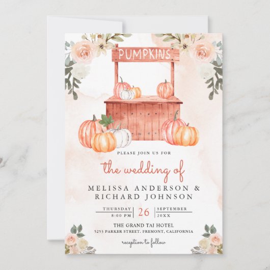 Perzik Bloemenpompoenmarkt QR Code Bruiloft Kaart (Voorkant)