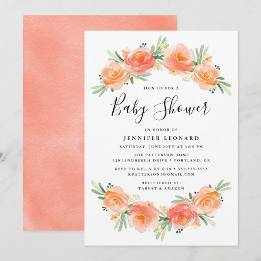 Perzik Bloementuin | Uitnodiging voor Baby Shower (Voorkant / Achterkant)