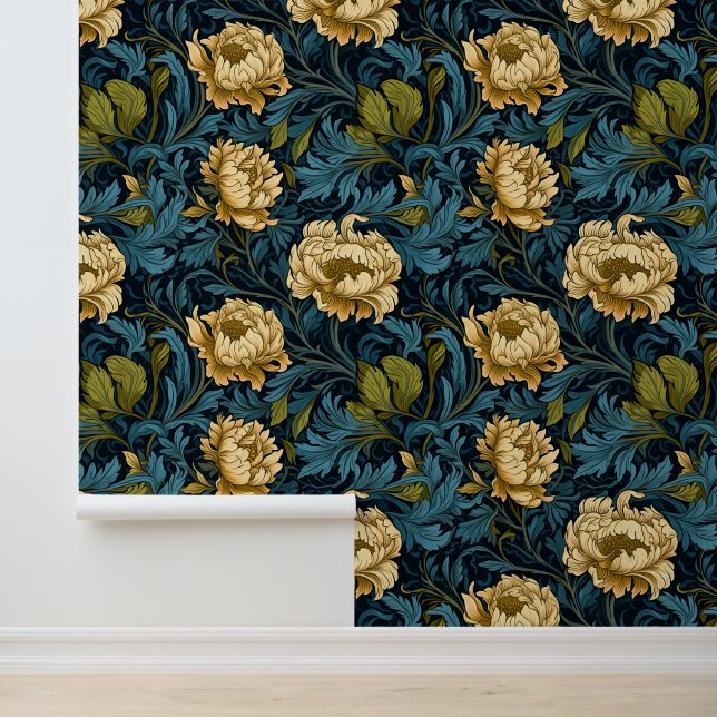  perzik bloemig Blauwgroen groen Behang (Applicatie)