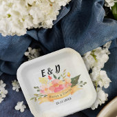  perzik bloemig elegant monogram bruiloft papieren bordje